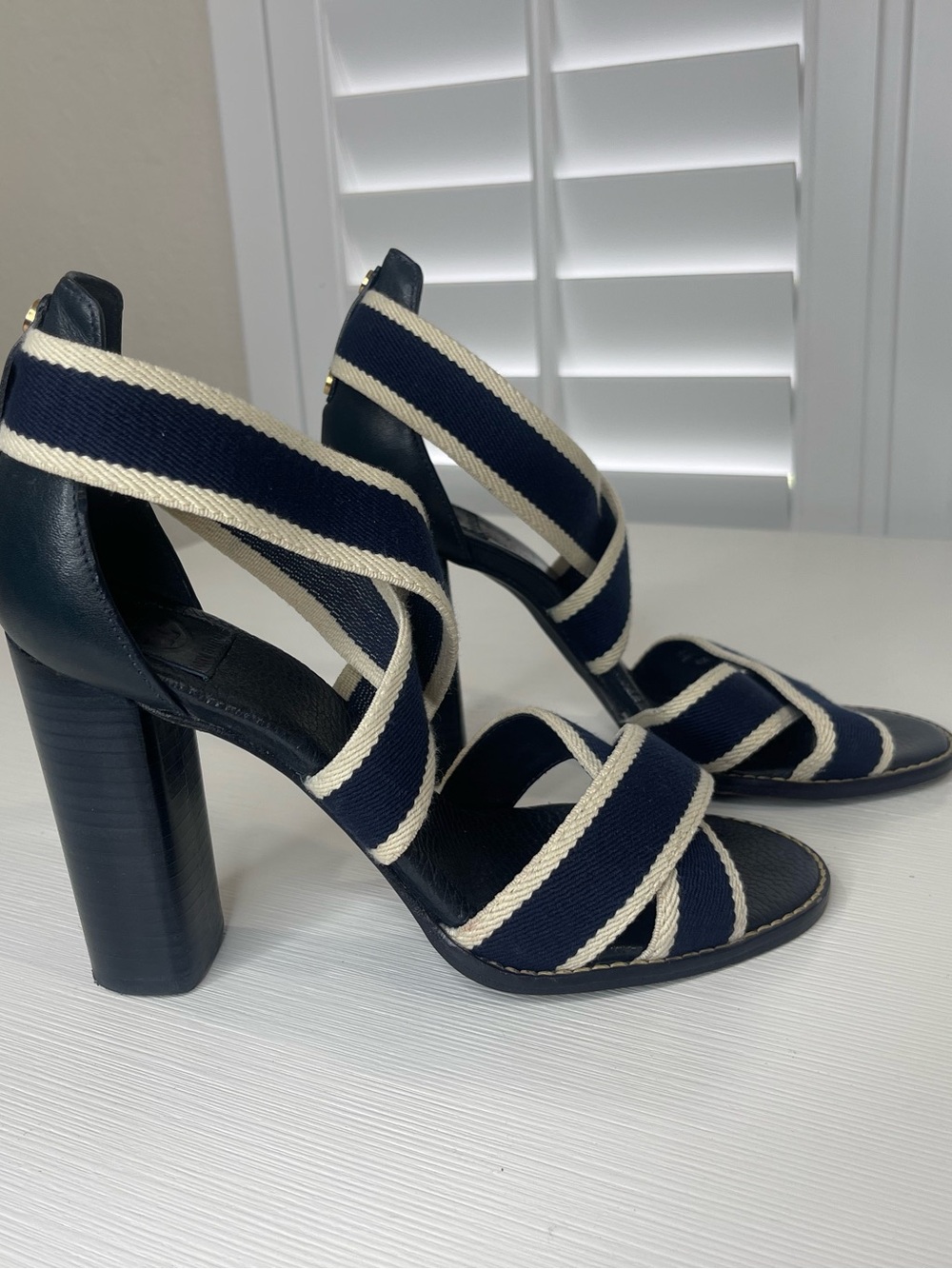Tory Burch Navy and Cream Striped Women’s High Heel Sandals
